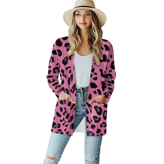Garronmavis Women's Lightweight Cardigan Sweater Cover Up for Beach Long Sleeve Long Cardigan Knit Jacket Y2K Loose Leopard Patch Pink