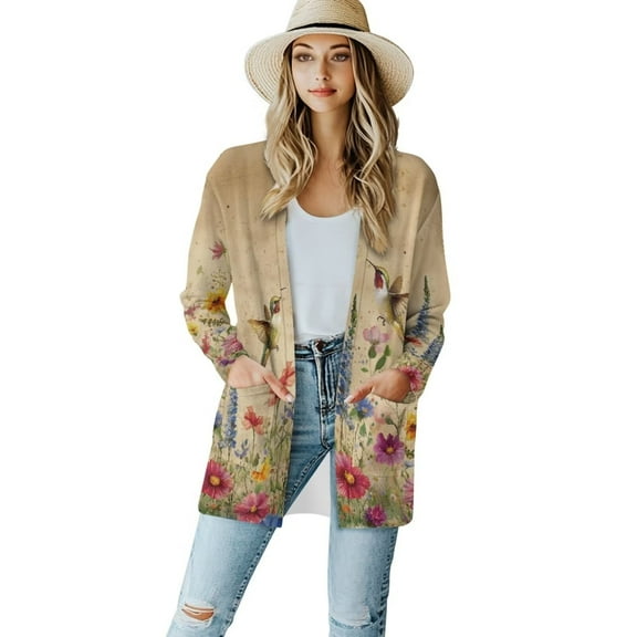 Garronmavis Women's Lightweight Sweater Long Sleeve Cardigan Jacket for Women Cardigan Shirt with Pockets Plus Size Open Front Cover Ups Floral Hummingbirds