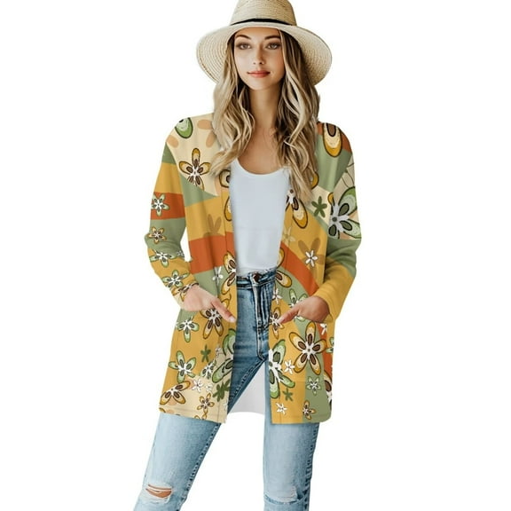 Garronmavis Women's Lightweight Sweater Long Sleeve Cardigan Jacket for Women Cardigan Shirt with Pockets Plus Size Open Front Summer Cover Ups Vintage Flower