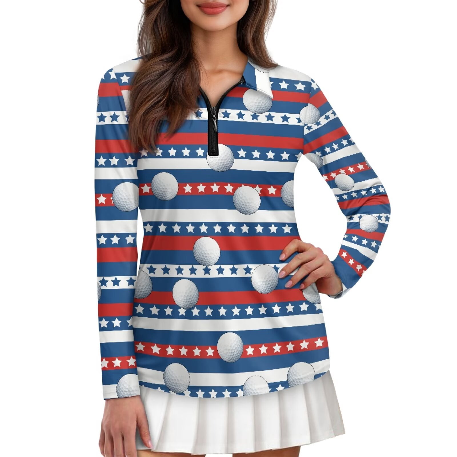 Garronmavis Women's Long Sleeve Golf Shirt Collared Tennis Shirts Casual Shirts Athletic Casual Work Shirt Tops, Patriotic Golf Ball, Size M
