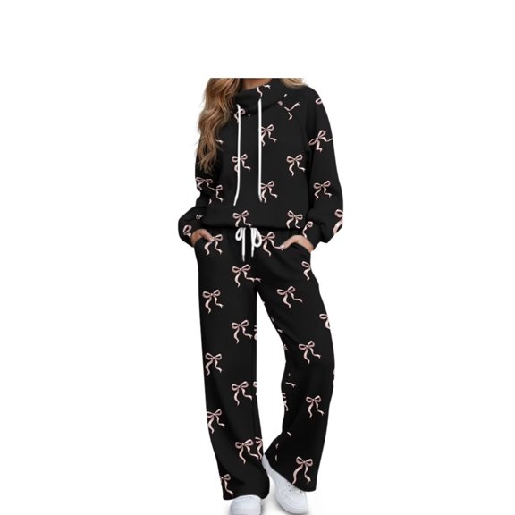 Garronmavis Women's Lounge Sets Black Bow Hoodie and Wide Leg Sweatpants with Pockets Oversized Pullover Drawstring Casual Tracksuit for Fall Winter Weekend Wear.