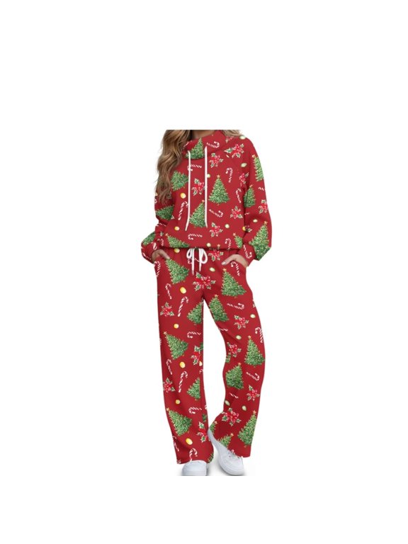 Women's Matching Sweat Sets Christmas Tree Hoodie and Wide Leg Sweatpants with Pockets Drawstring Pullover Soft Tracksuit for Holidays and Winter Days.