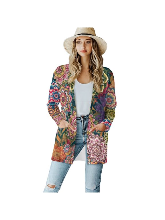 Women's Open Front Cardigan Jacket with Pockets Plus Size Long Knitted Cardigan Sweaters for Women Draped Jacket Outfits Mandala Dahlias