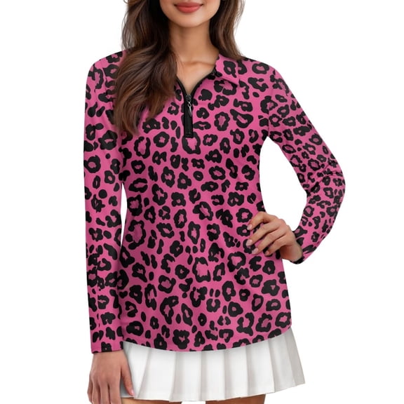 Garronmavis Women's Quarter Zip Golf Shirt Long Sleeve Golf Tennis Shirt for Women Workout Tennis Shirts Animal Print Shirts, Pink Leopard Print, Size L