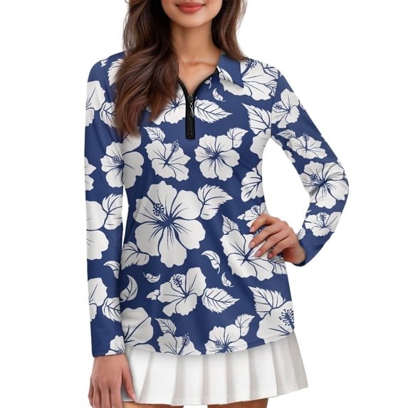 Garronmavis Women's Quarter Zip Golf Shirt Tennis Shirts Long Sleeve Collared Tennis Shirts Pickleball Hawaiian Golf Shirt for Women, Hawaiian Blue Hibiscus, Size S