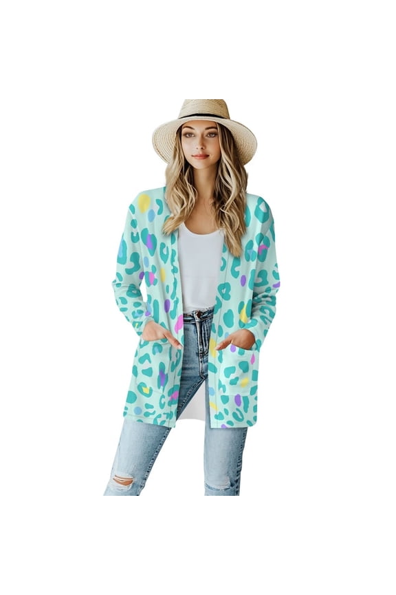 Women's Summer Draped Cardigan Plus Size Casual Cardigan Sweaters for Women Lightweight Open Front Jacket Long Sleeve Cover Up Coat Blue Leopard