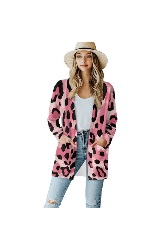 Women's Summer Draped Cardigan Plus Size Casual Cardigan Sweaters for Women Lightweight Open Front Jacket Long Sleeve Cover Up Coat Pink Leopard Print