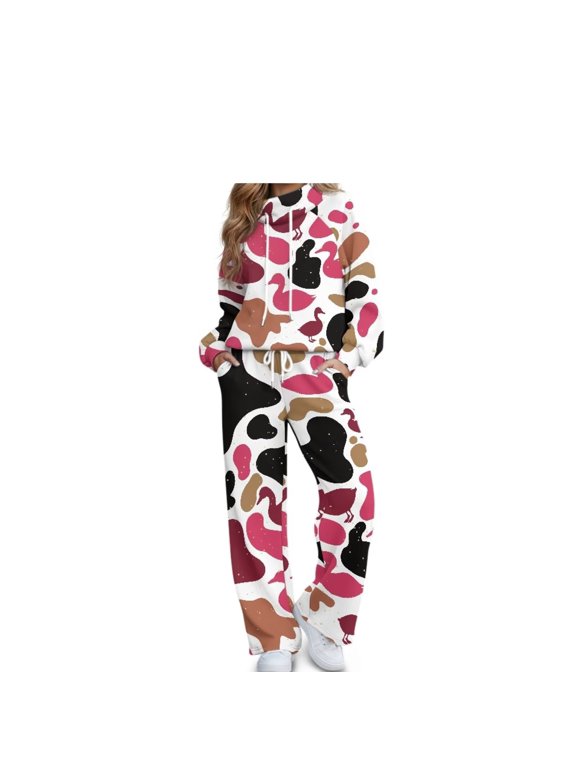 Women's Sweat Suits Retro Duck Hoodie and Wide Leg Sweatpants with Pockets Drawstring Pullover Oversized Lounge Set for Weekend Strolls and Casual Outings