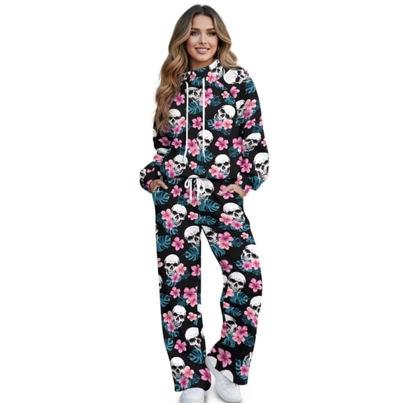 Garronmavis Women's Sweatsuits Comfrt Sweat Sets for Women 2 Piece Skull Hoodie Long Sleeve Sweatshirt and Pants Set for Women Tracksuits with Pockets, Size XS