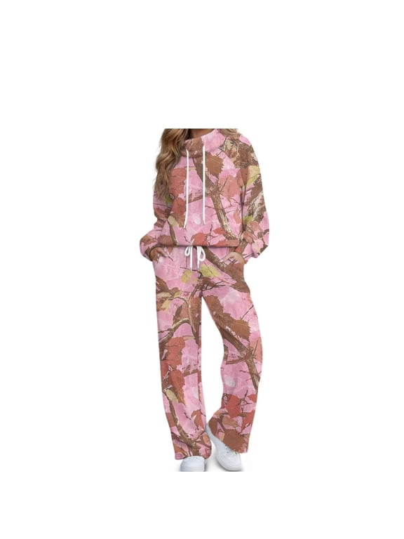 Women's Sweatsuits Grey Green Leaf Hoodie and Wide Leg Sweatpants with Pockets Drawstring Pullover Cozy Tracksuit for Daily Commutes, Gym and Errands