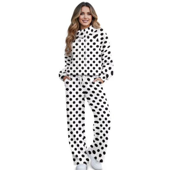 Garronmavis Women's Sweatsuits Womens Sweat Set Polka Dot Hoodie and Sweatpants Set for Women 2 Piece Outfits Wide Leg Sweatpant with Pockets White, Size L
