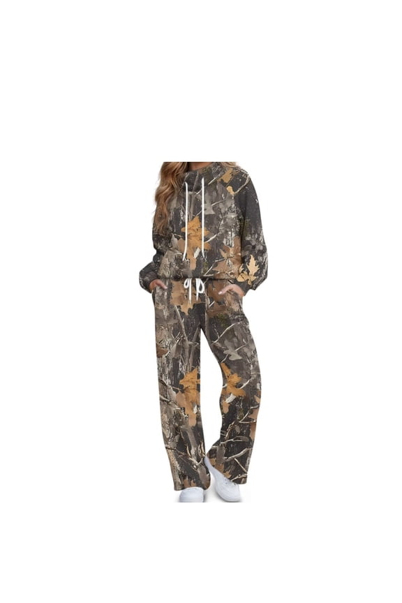 Women's Track Suits 2 Piece Leaf Camo Hoodie and Wide Leg Sweatpants with Pockets Drawstring Pullover Thick Warm Lounge Wear Tracksuit for Winter Spring Camping