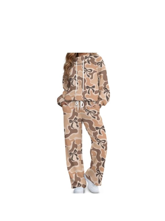 Women's Track Suits Brown Bow Camo Hoodie and Wide Leg Sweatpants with Pockets Drawstring Pullover Soft Matching Set for Gym Training and Weekend Walking