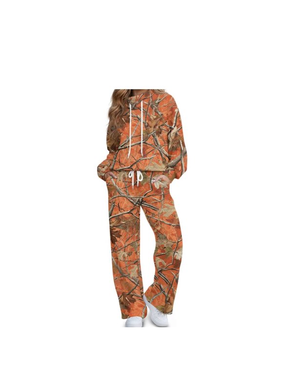 Women's Track Suits Orange Branch Camo Hoodie and Wide Leg Sweatpants with Pockets Drawstring Pullover Easy Fit Casual Outfit for Hiking and Nature Walks