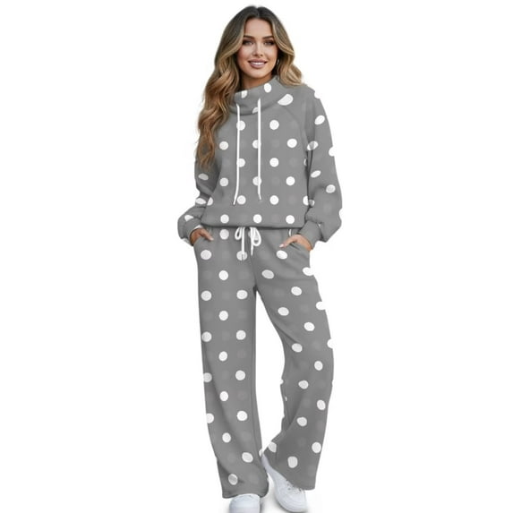 Garronmavis Womens 2 Piece Sweatsuits Sets Polka Dot Sweat Set Grey Sweatsuit for Women 2 Piece Set Sweatshirt Lounge Sets Spring Winter Fall Outfits, Size S