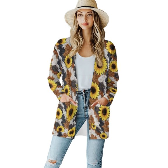 Garronmavis Womens Cardigan Sweater with Pockets Lightweight Long Sleeve Cardigan Soft Drape Open Front Fall Dusters Plus Size Cover Up Jacket Blue Cow Print