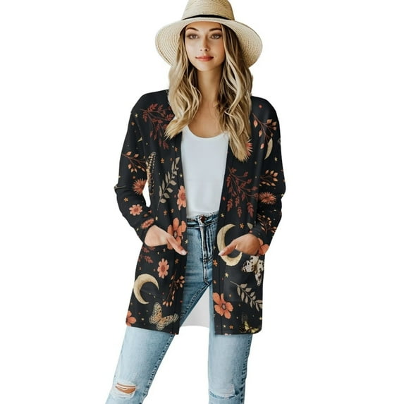 Garronmavis Womens Cardigan Sweater with Pockets Lightweight Long Sleeve Cardigan Soft Drape Open Front Fall Dusters Plus Size Cover Up Jacket Butterfly Moon Flowers