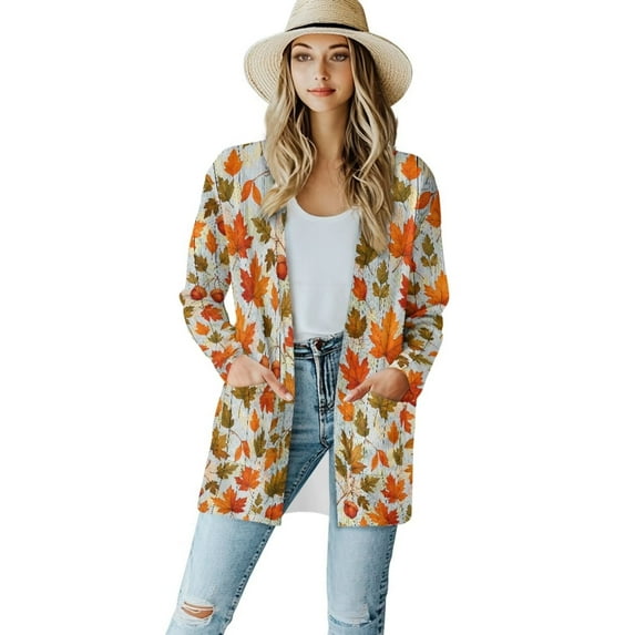 Garronmavis Womens Cardigan Sweater with Pockets Lightweight Long Sleeve Cardigan Soft Drape Open Front Fall Dusters Plus Size Cover Up Jacket Maple Leaves