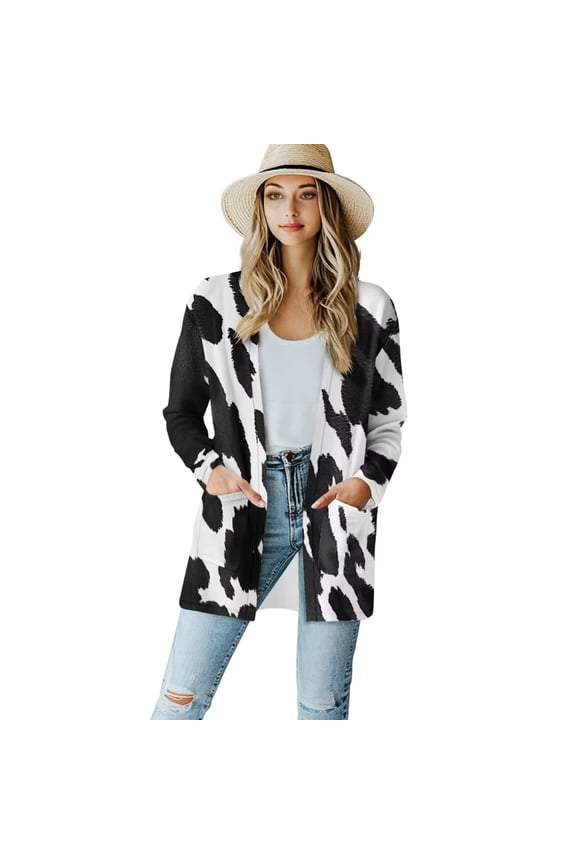 Womens Lightweight Cardigan Sweater Long Sleeve Open Front Long Cardigan Plus Size Knit Jacket Cover Up with Pockets Black and White Cow Print