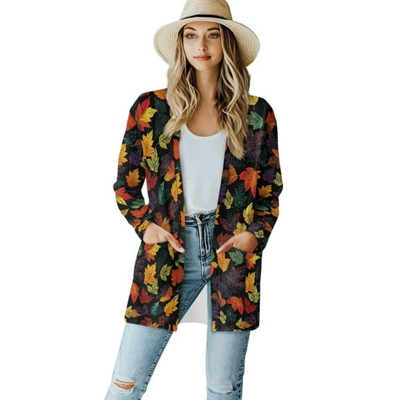 Garronmavis Womens Lightweight Cardigan Sweater Long Sleeve Open Front Long Cardigan Plus Size Knit Jacket Y2K Summer Beach Cover Up with Pockets Autumn Maple Leaf