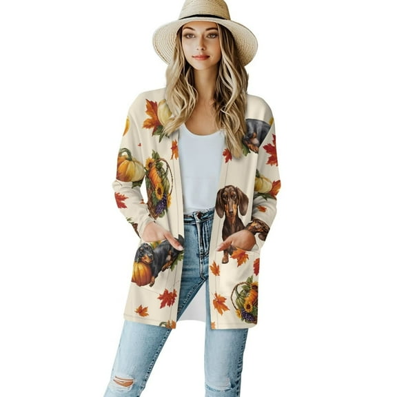 Garronmavis Womens Long Sleeve Cardigan Sweater for Fall Jacket Stretch Blouses for Women Dressy Casual Draped Top Plus Size Autumn Dachshund Pumpkins