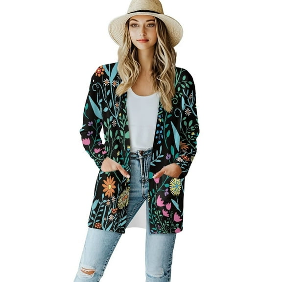 Garronmavis Womens Long Sleeve Cardigan Sweater for Fall Jacket Stretch Blouses for Women Dressy Casual Draped Top Plus Size Hippie Plants