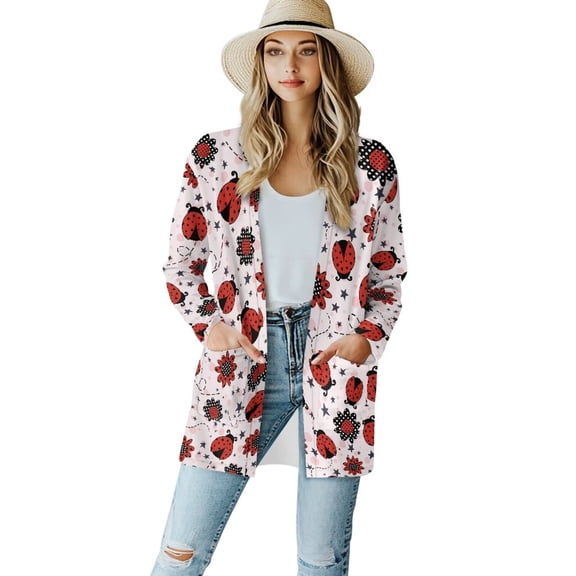 Garronmavis Womens Long Sleeve Cardigan Sweater for Fall Jacket Stretch Blouses for Women Dressy Casual Draped Top Plus Size Ladybugs