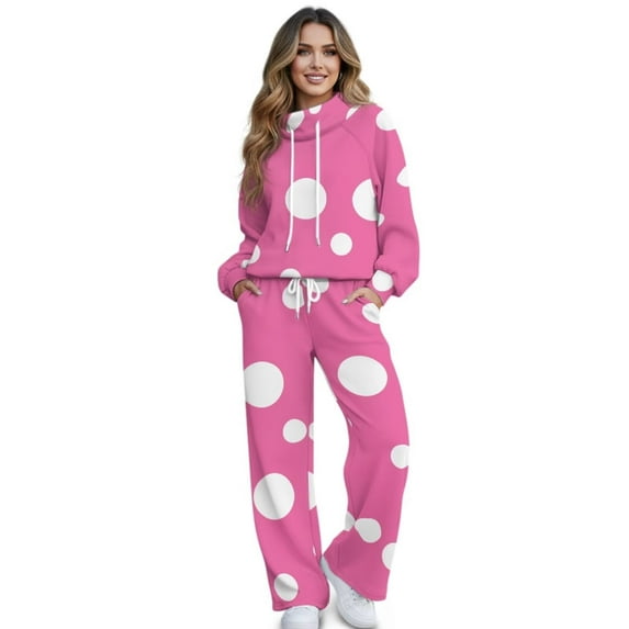 Garronmavis Womens Sets 2 Piece Outfits Polka Dot Sweat Set Womens Sweatsuits 2 Piece Set Pink Sweatsuit Set for Women Wide Leg Sweat Pants, Size XL