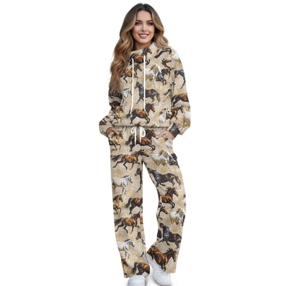 Garronmavis Womens Sweat Suits 2 Piece Set Horse Hoodie Long Sleeve Sweat Set for Women Wide Leg Sweat Shirt and Pants Set for Women Joggers with Pockets, Size L