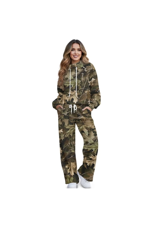 Camo Sweat Set Womens Sweatsuits 2 Piece Set Hoodies and Sweatpants Two Piece Lounge Sets Tracksuit Womens Joggers with Pockets, Size L