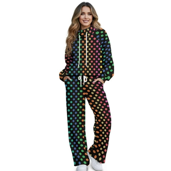 Garronmavis Womens Sweatsuits Polka Dot Set for Women Sweat Suits for Womens 2 Piece Lounge Hoodies and Sweat Pants Wide Leg with Pockets Black, Size XL