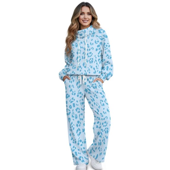 Garronmavis Womens Track Suits 2 Piece Set Leopard Hoodie Sweat Set for Women Long Sleeve Womens Jogger Sweatpants with Pockets Blue Matching Lounge Sets, Size L