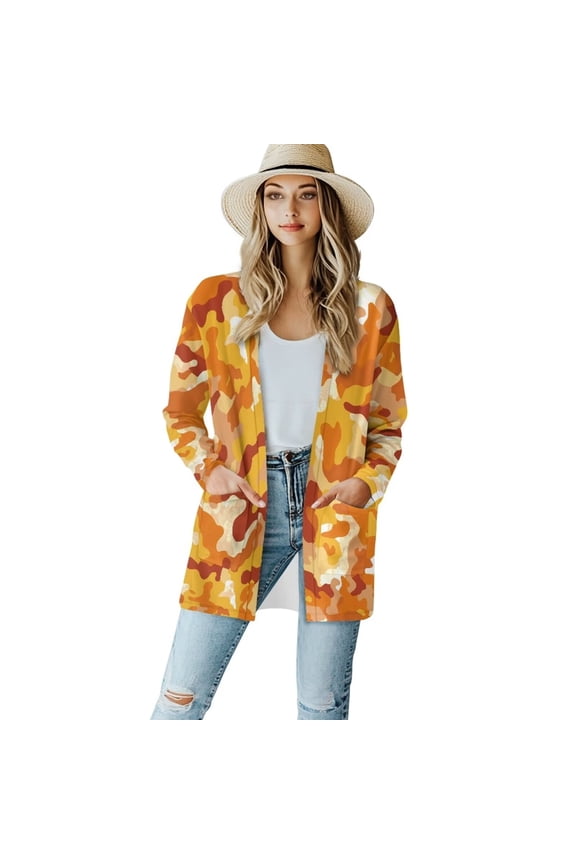 Yellow Camouflage Lightweight Long Sleeve Cardigan Soft Drape Womens Fall Cardigan Jacket Plus Size Open Front Cardigan Sweatshirt for Women Beach Cover UP