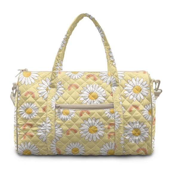 Garronmavis Yellow Daisy Print Large Quilted Duffle Bag for Women, Cute Weekender Travel Overnight BagGym Dance Carry On Bag with Zipper Pockets