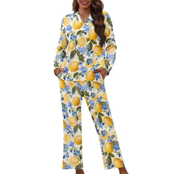 Garronmavis Yellow Lemon Button Down Pajama Sets for Women 2 Piece Lightweight Sleepwear Fall Winter Loungewear PJ Set V Neck Shirt with Long Pants