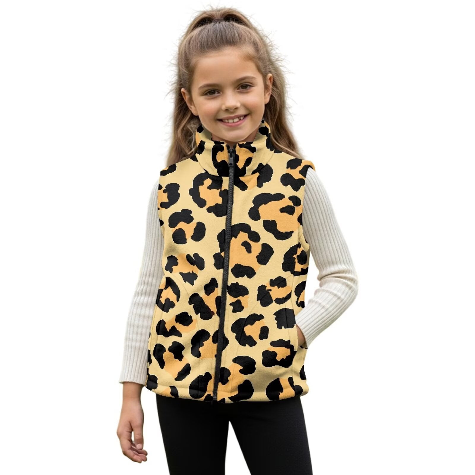 Garronmavis Yellow Leopard Print Full Zip Vest Wind Proof Girls ...
