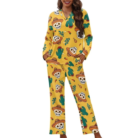 Garronmavis Yellow Skull Womens 2-Piece Long Sleeve Button-Down Pajama Set Fall Winter Thermal Pajamas Loungewear Casual V Neck Lounge Sets Nightwear