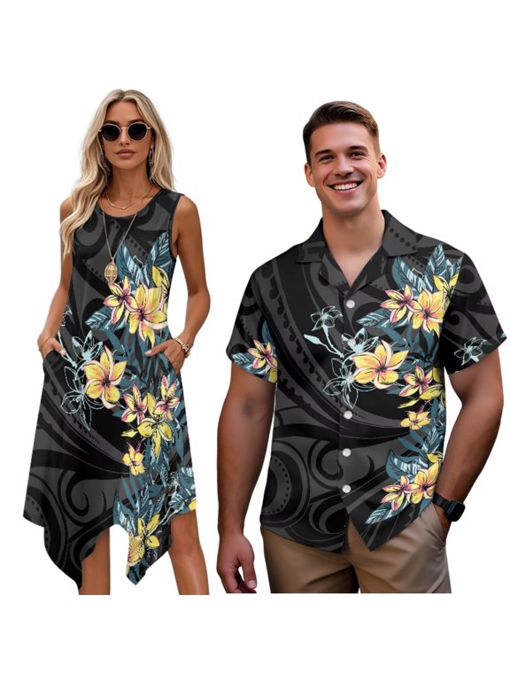 YellowFlower Matching Beach Outfits for Couples Polynesian Mens Button Up Shirt Loose Hawaiian Blouse Tops Casual Short Sleeve Shirt Mens Medium Tall Shirts