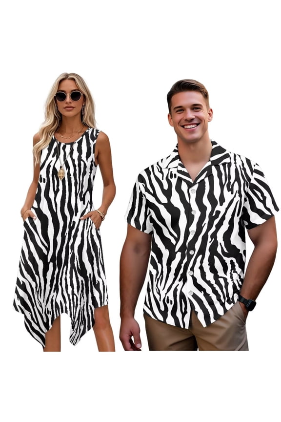 Zebra Stripe Couples Vacation Outfits Matching Sets Short Sleeve Shirt for Men Size 5XL and Womens Sleeveless Dress Beach Dress Midi Beach Party Sundress