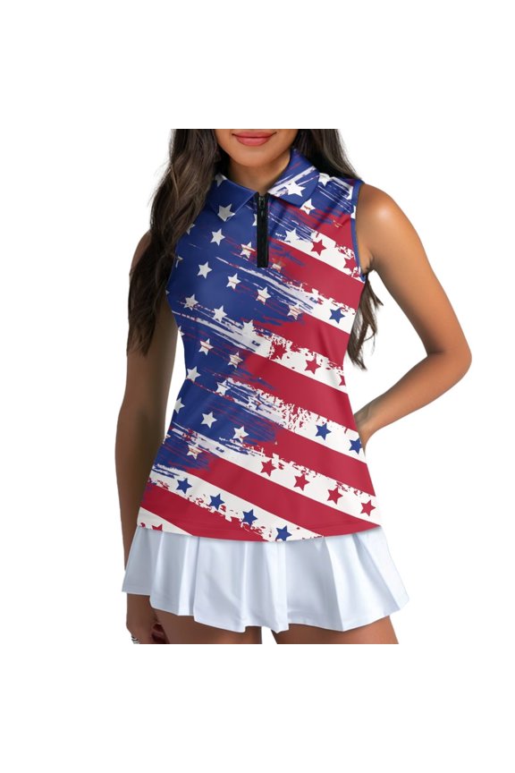 Zip Up Golf Shirt Women Collared Sleeveless Tennis Shirts Athletic Workout Athletic Casual Work Shirts Tops Womens Flag Golf Shirt, American Flags, Size 2XL