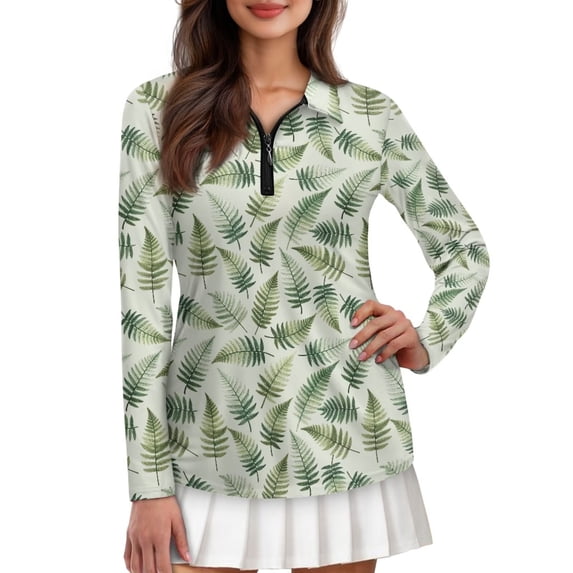 Garronmavis Zip Up Golf Shirt Women Long Sleeve Collar Shirts Workout Tennis Tops Workout Tops Tropical Golf Shirts for Women, Tropical Palm Leaf, Size XL