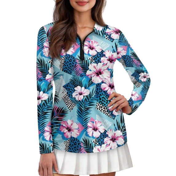 Garronmavis Zip Up Golf Shirt Women Long Sleeve Tennis Shirts Collar Golf Tennis Shirts Workout Athletic Tropical Golf Shirt for Women, Tropical Floral Leopard, Size M