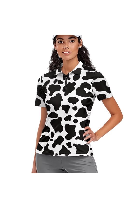 Zip Golf for Women Size S Short Sleeve Tennis Athletic Active Shirt Athletic Hiking Running Workout Tops Womens Animal Print Golf Shirt, Cow Print