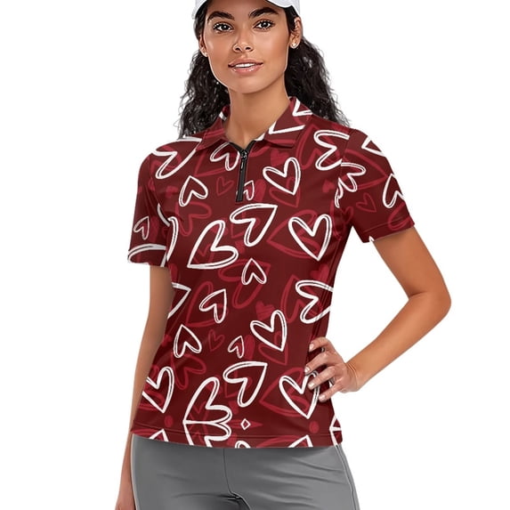 Garronmavis Zip Up Golf Shirt Women Size L Collared Casual Shirts Short Sleeve Athletic Tennis Shirts Womens Valentines Golf Shirt, Valentines Hearts