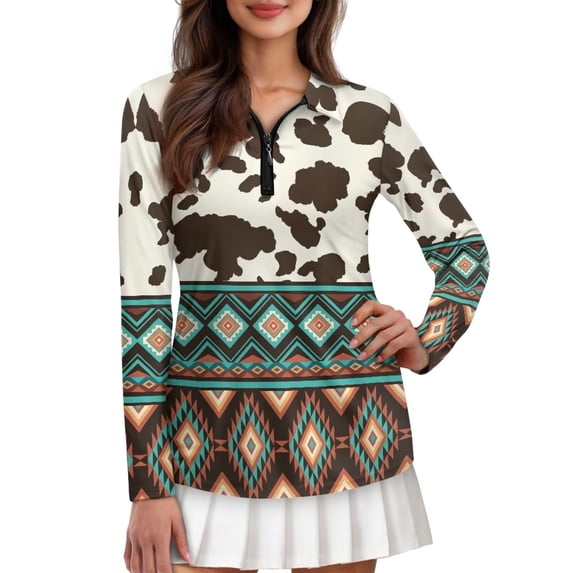 Garronmavis Zipper Golf Shirt for Women Collared Tennis Shirts Long Sleeve Golf Tennis Shirts Pickleball Workout Tops Western Aztec Shirt, Aztec Cow Print, Size M