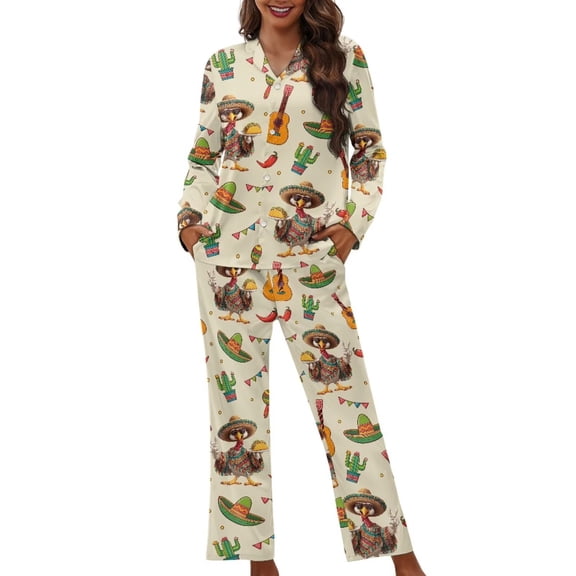 GarronmavisThanksgiving Sleepwear Women 2-Piece Set Button Up Long Sleeve V-Neck Pajamas with Pants Cozy Fall Pjs Autumn Themed Loungewear, Turkey Cactus