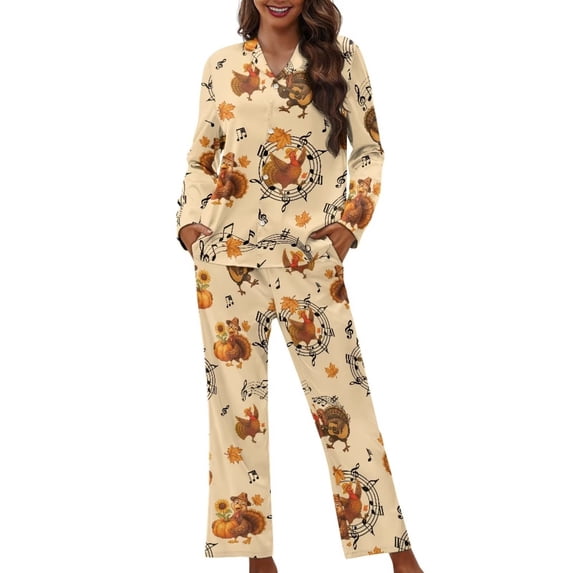 GarronmavisTurkey Print Autumn Pajamas for Women 2-Piece Button Down Long Sleeve V-Neck Set Thanksgiving Christmas Holiday Sleepwear Soft Breathable Cotton Pjs