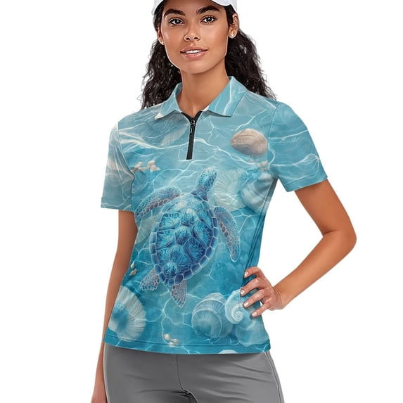 GarronmavisWomen's Golf Shirt Zip Short Sleeve Collared Tennis Shirts Casual Hiking Shirts Pickleball Womens Animal Golf Shirt, Blue Sea Turtles, Size M