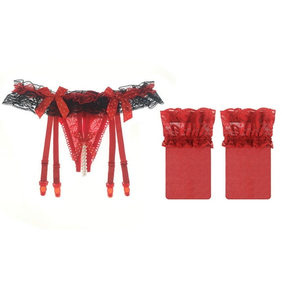 Garter Belt and Thigh Highs Set Elastic Women's 3 Pieces Lace Garter Belt Stockings Sets with Butterfly Panty, Red Garter Belt