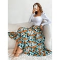 thumbnail image 1 of Gartered High Waist Floral Print Midi Skirt Below Knee Length, 1 of 3